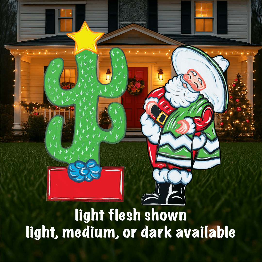 Mexican Santa with Serape & Christmas Cactus Yard Sign – Wooden Holiday Lawn Cutout | Hispanic Santa Outdoor Décor