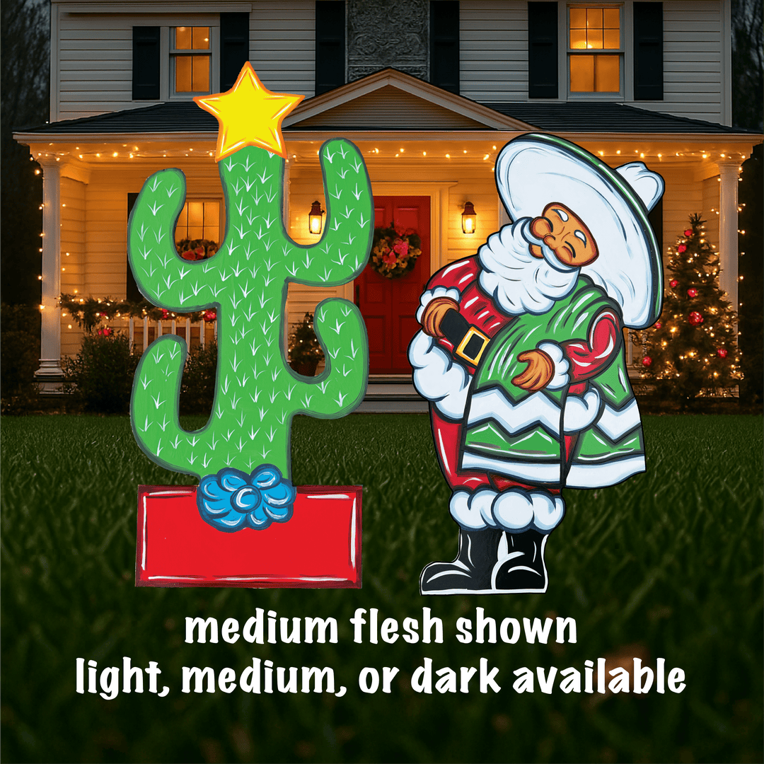 Mexican Santa with Serape & Christmas Cactus Yard Sign – Wooden Holiday Lawn Cutout | Hispanic Santa Outdoor Décor