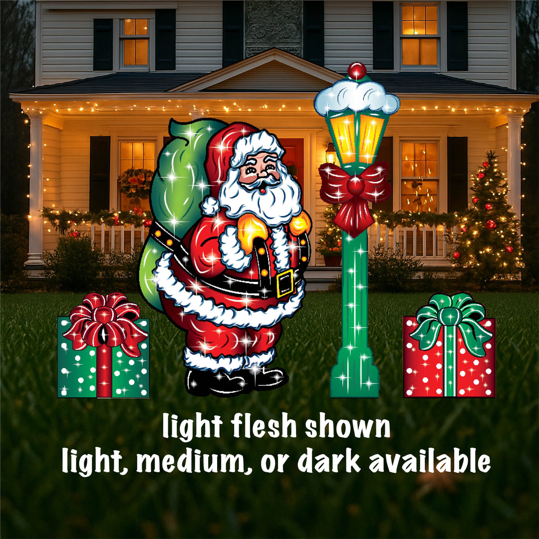 Christmas Outdoor Yard Art - Jolly Santa with Holiday Themed Accents