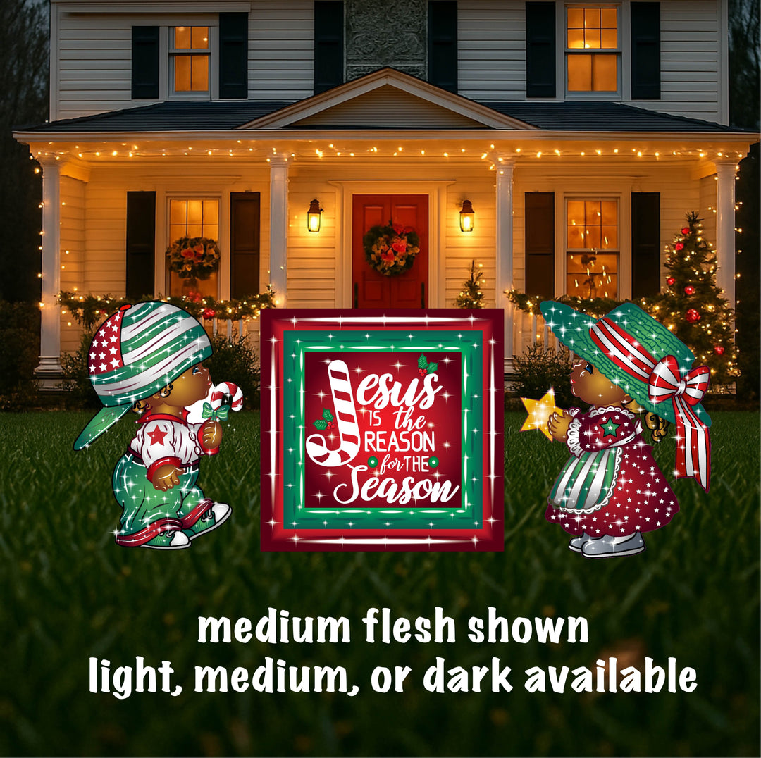 Christmas Boy and Girl Carolers with Jesus is the Reason Sign-Yard Decorations