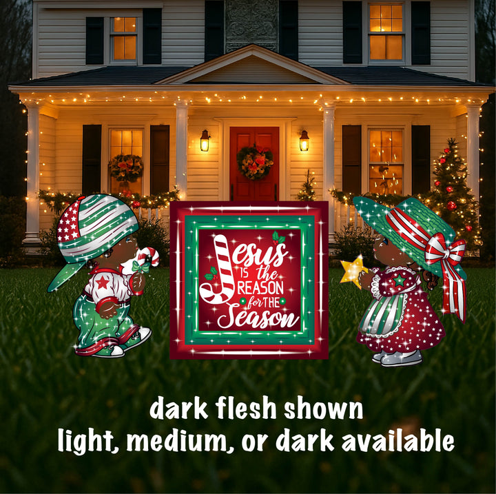 Christmas Boy and Girl Carolers with Jesus is the Reason Sign-Yard Decorations