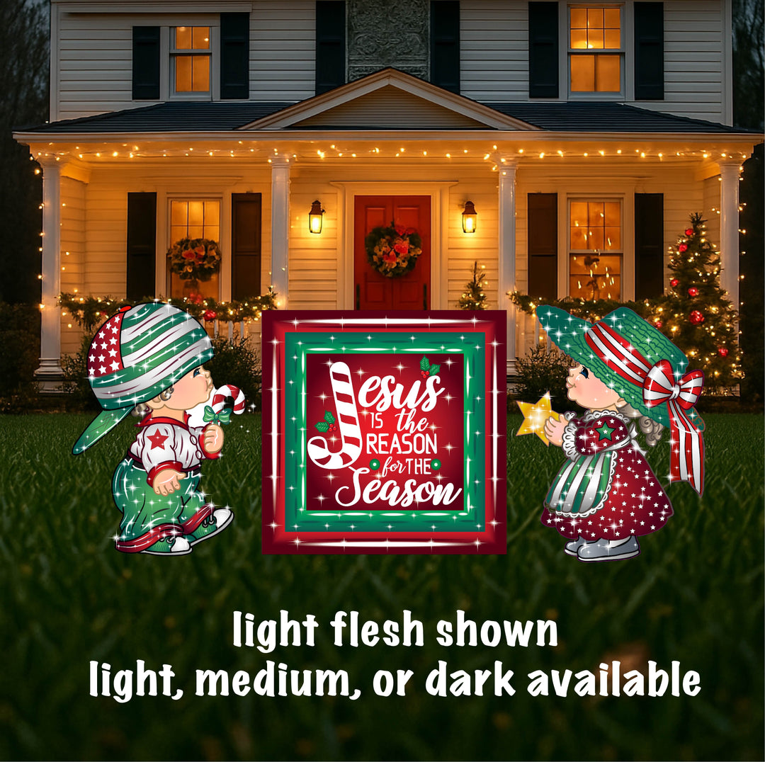 Christmas Boy and Girl Carolers with Jesus is the Reason Sign-Yard Decorations