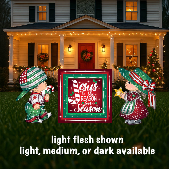 Christmas Boy and Girl Carolers with Jesus is the Reason Sign-Yard Decorations