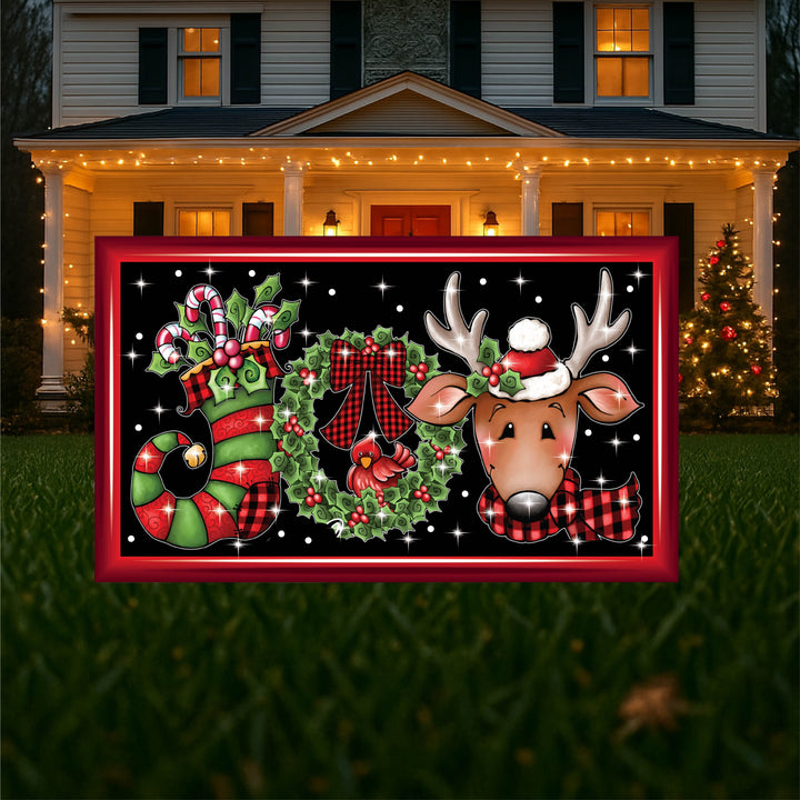 JOY Christmas Yard Sign – Cute Reindeer Outdoor Sign with Lights | Wooden Holiday Decor | Hostess Gift or Outdoor Christmas Decoration