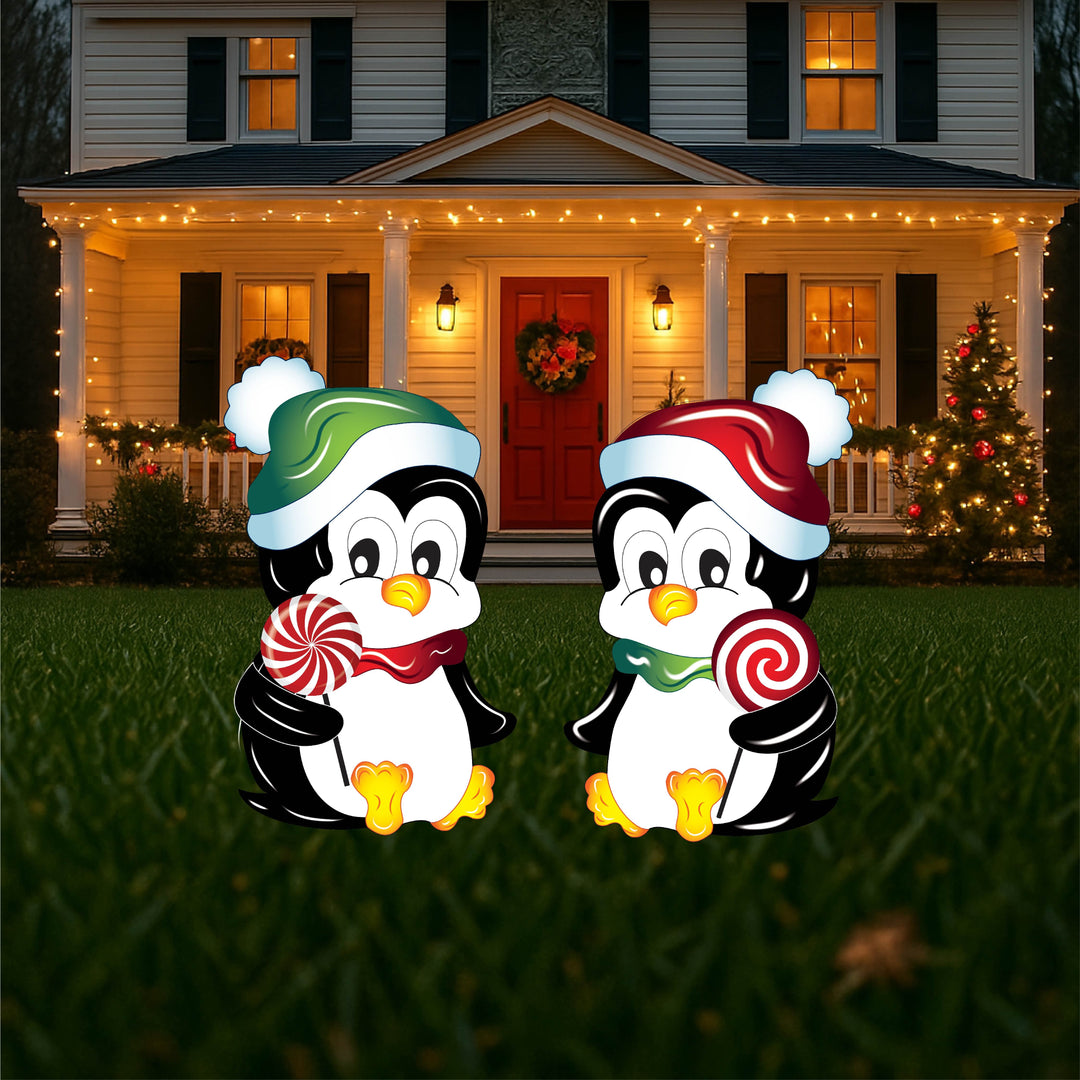 Christmas Penguin with a green stocking hat and peppermint