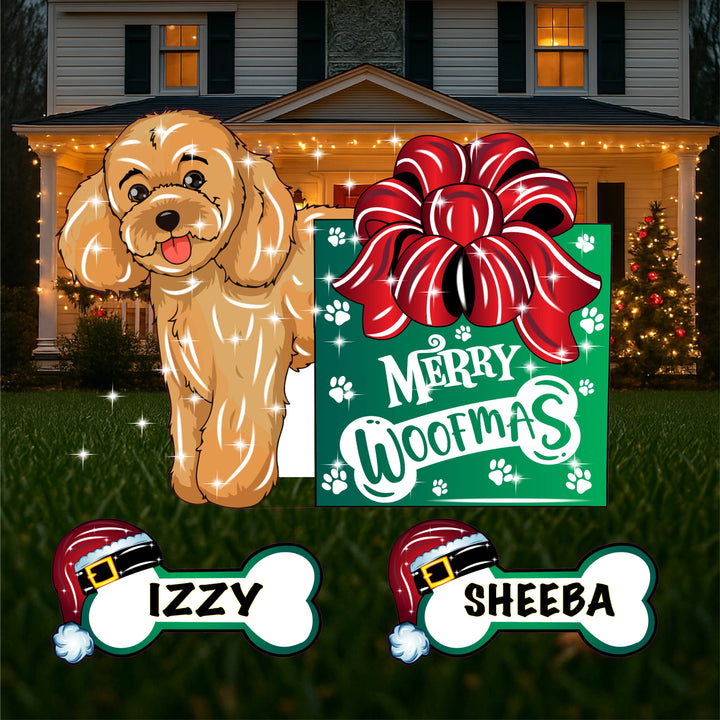 Tan Fluffy Dog with Merry Woofmas Present Outdoor Decoration