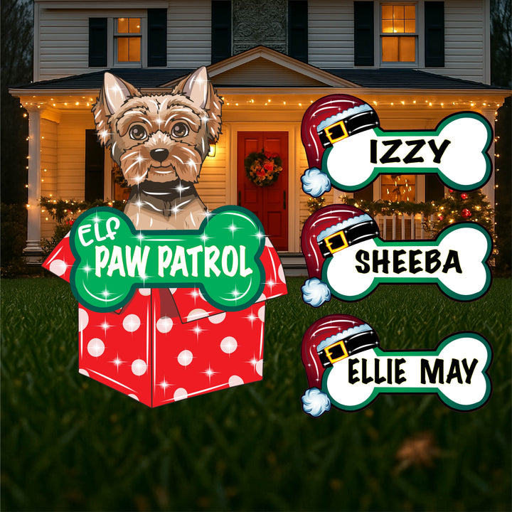Yorkie Dog with Elf Paw Patrol Present and Bone Outdoor Decoration