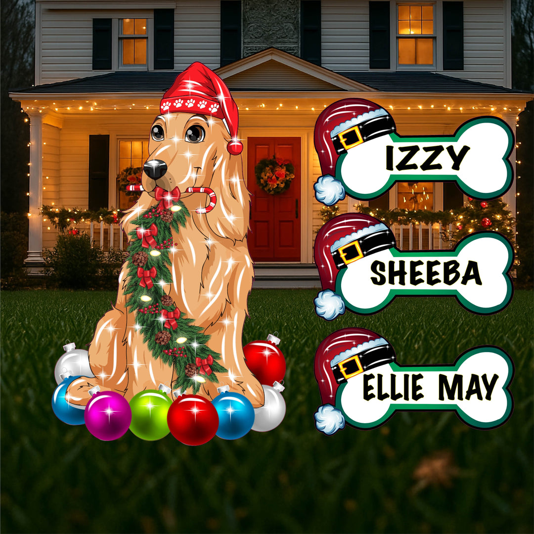 Golden Dog Standing on Christmas Bulbs Outdoor Decoration