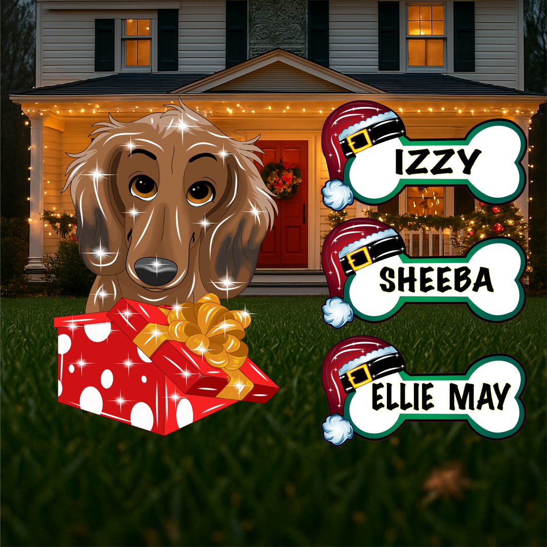 Brown Dachshund Christmas Yard Sign – Personalized Wiener Dog Holiday Decor – Cute Gift for Doxie Moms & Dog Lovers