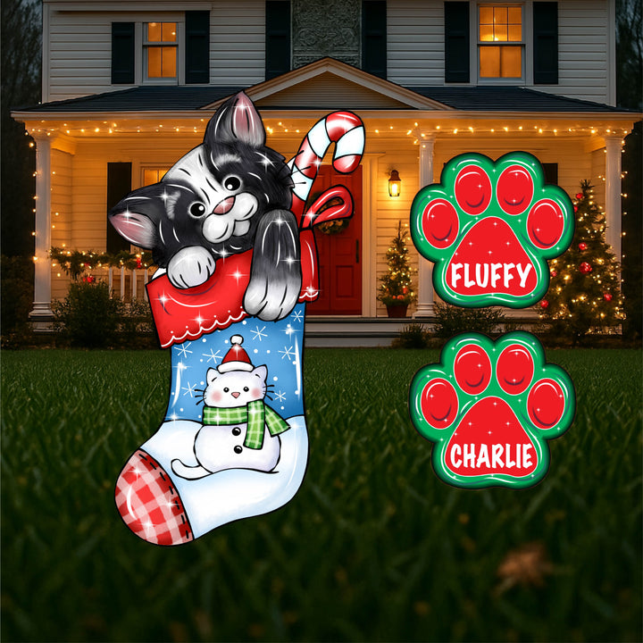 Personalized Black Christmas Cat in Stocking Yard Sign – Wooden Outdoor Holiday Décor | Custom Paw Print Name Plaques