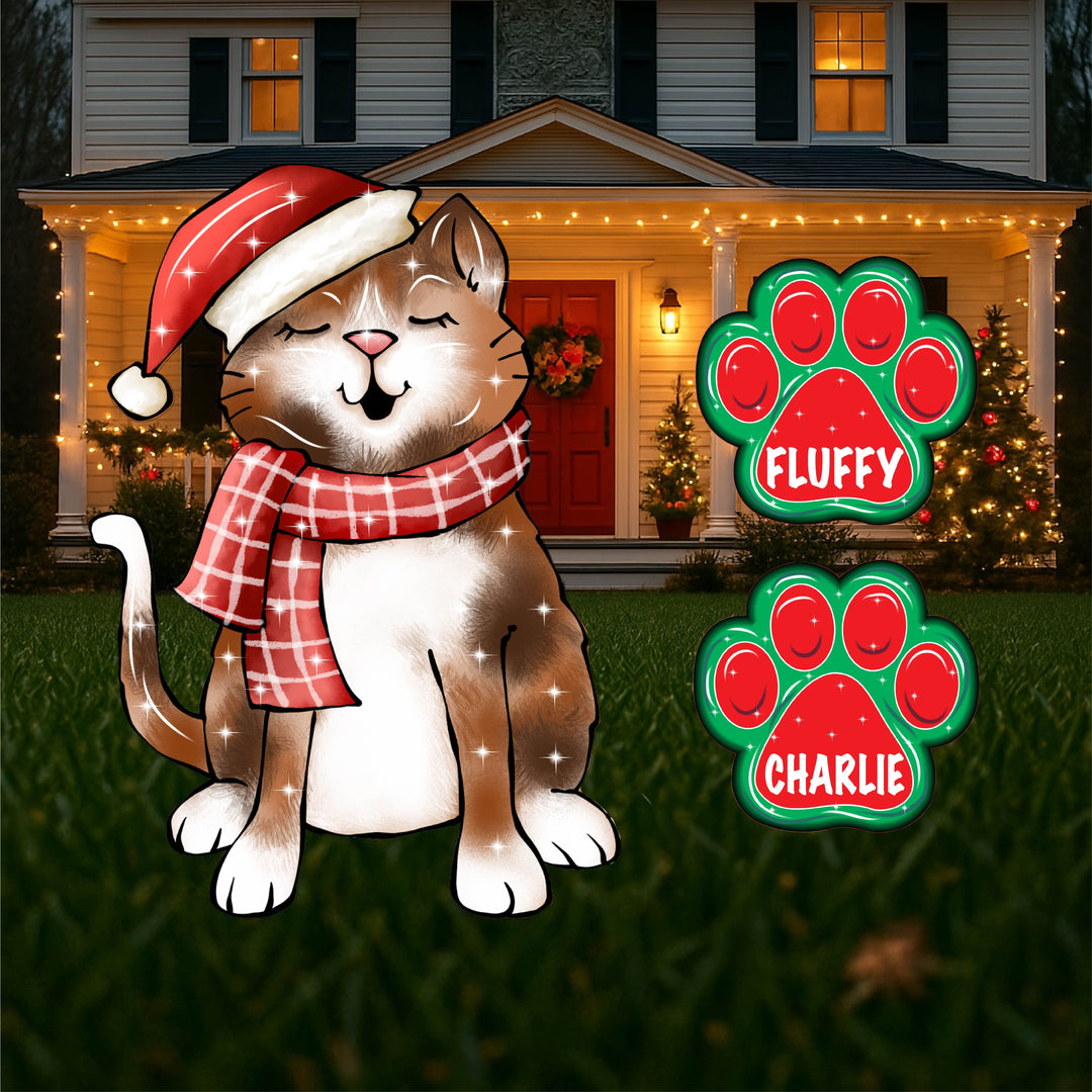 Brown Singing Kitty Red Hat Christmas Outdoor Decoration