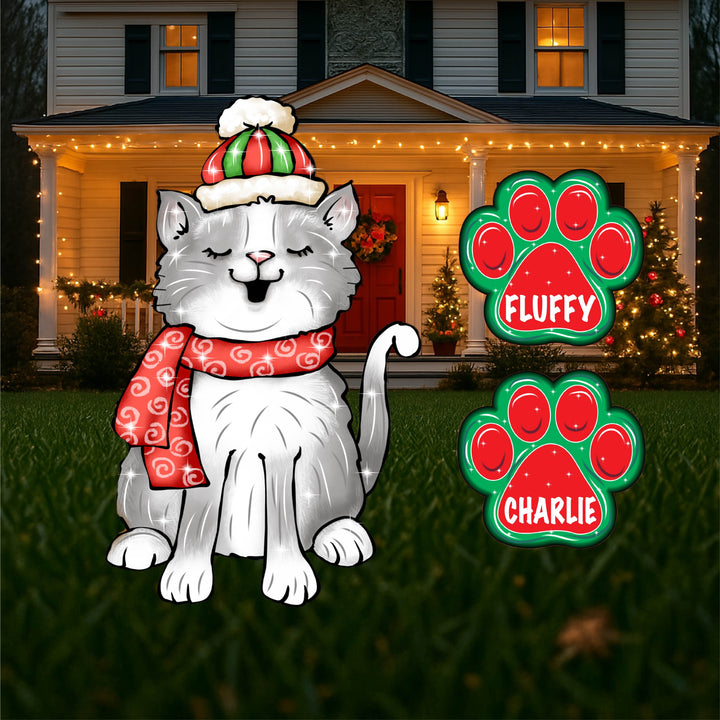 Personalized Singing Christmas Cat Yard Sign – Outdoor Wooden Holiday Décor with Custom Paw Print Name Plaques