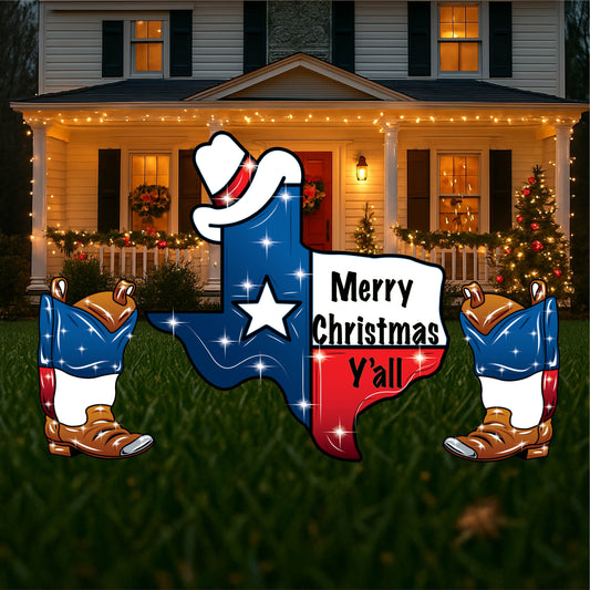 State of Texas and two Boots Christmas yard signs