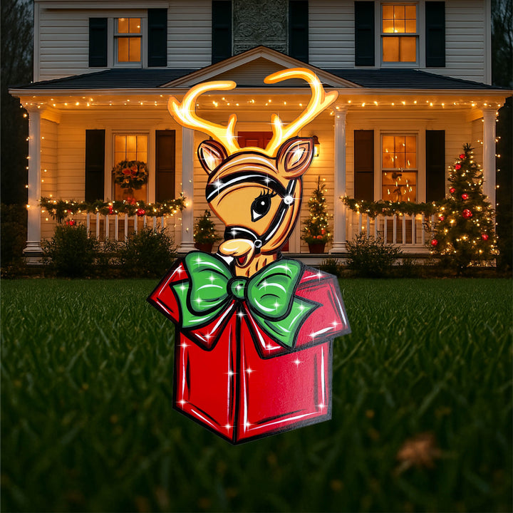 Reindeer with Horns Sits in Christmas Box Outdoor Decoration