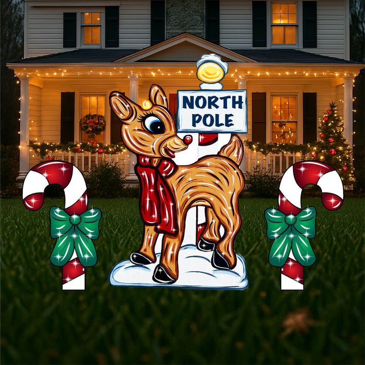 Rudolph Reindeer with north pole Yard Art Sign