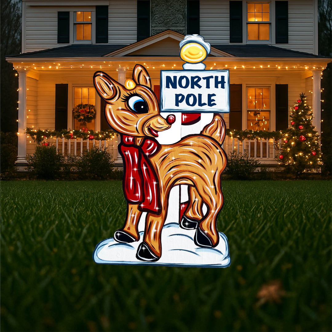 Rudolph Reindeer with north pole Yard Art Sign