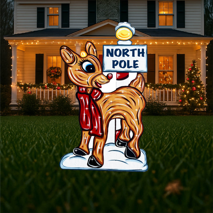 Rudolph Reindeer with north pole Yard Art Sign