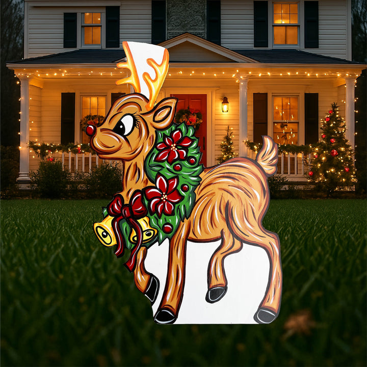 Prancing Reindeer with a Wreath Around Neck Outdoor Decoration