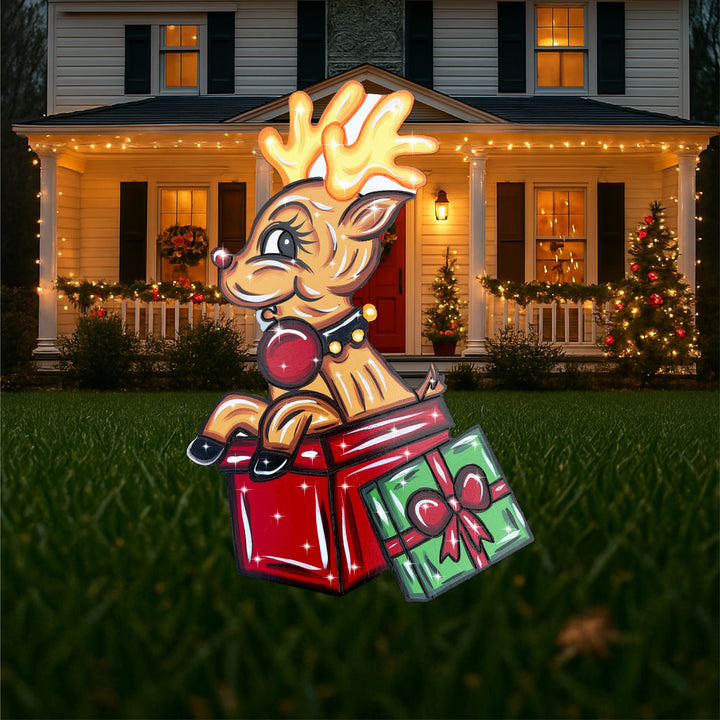 Christmas Reindeer Sits in a Gift Box Outdoor Decoration
