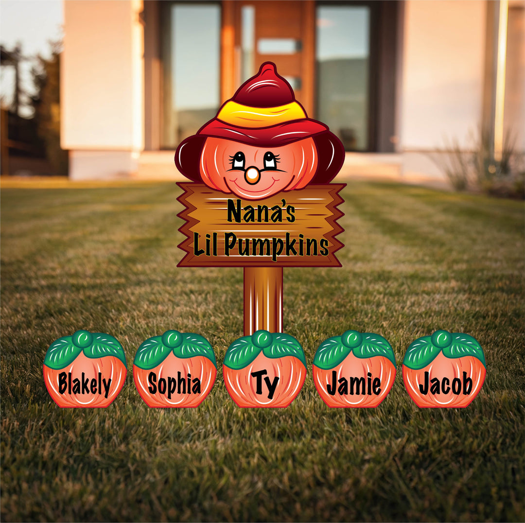 Set of custom Thanksgiving yard art signs.  Personalize these pumpkins with your last name, first name, pets name or any other message of your choosing. Personalized fall outdoor decorations at Yard Art Decor and More. 