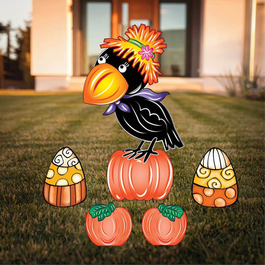Halloween Black Crow Lawn Sign with pumpkins and Fall candy corns