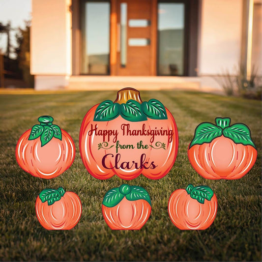 Personalized Happy Thanksgiving Yard Sign with Fall Pumpkins Outdoor Scene