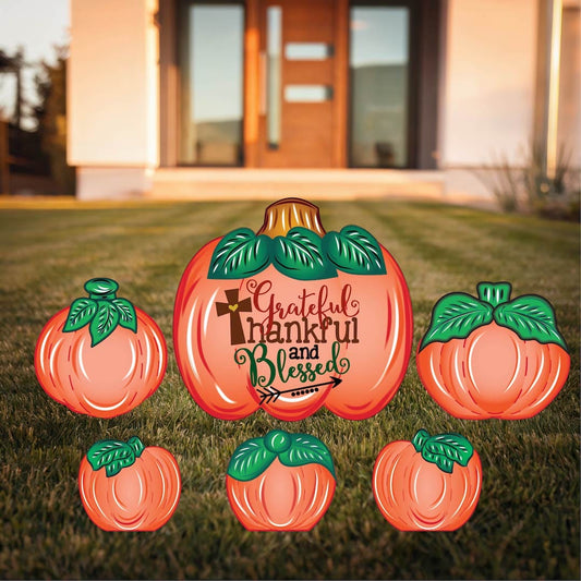 Grateful Thankful Blessed Yard Sign with Fall Pumpkins