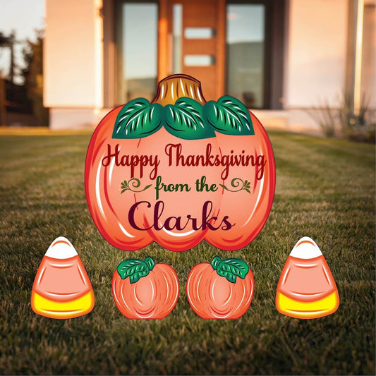 Personalized Happy Thanksgiving Yard Sign with Fall Pumpkins and Candy Corns Outdoor Scene