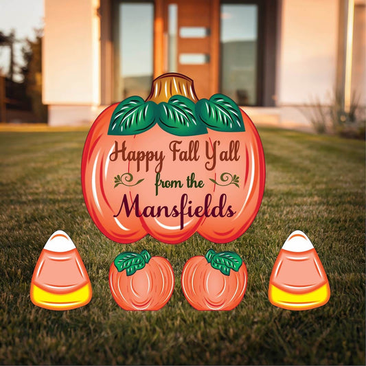 Personalized Happy Fall Y'all Yard Sign with Fall Pumpkins and Candy Corns Outdoor Scene