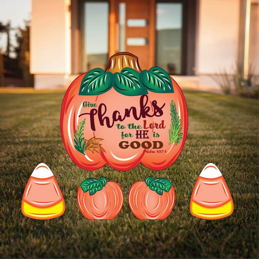 Psalm 107:1  Give Thanks Yard Sign with Fall Pumpkins and Candy Corns Outdoor Scene