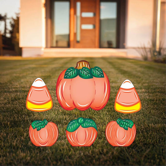 Pumpkin Yard Sign with Fall Pumpkins and Candy Corns Outdoor Scene