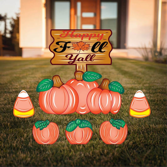 Happy Fall Y'all Pumpkin Yard Sign with Fall Pumpkins and Candy Corns Outdoor Scene