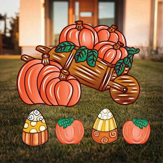 Fall Wheelbarrow  with 2 small pumpkins, & 2 candy corns Halloween Ghost Garden Outdoor  Decorations Fall Signs