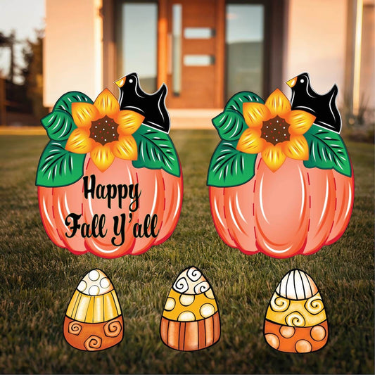 Small Sunflower pumpkin with black crow-Happy Fall Y'all and Whimsical Fall Candy Corn Signs