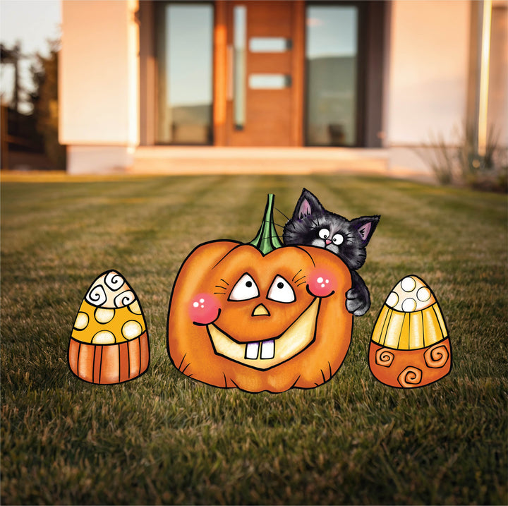 Smiling Pumpkin Black Cat Peeking Yard Art Decoration