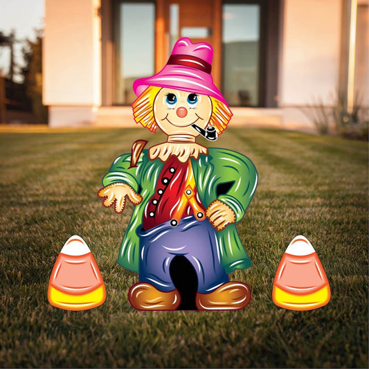 Fall Scarecrow with pipe yard sign with two candy corns