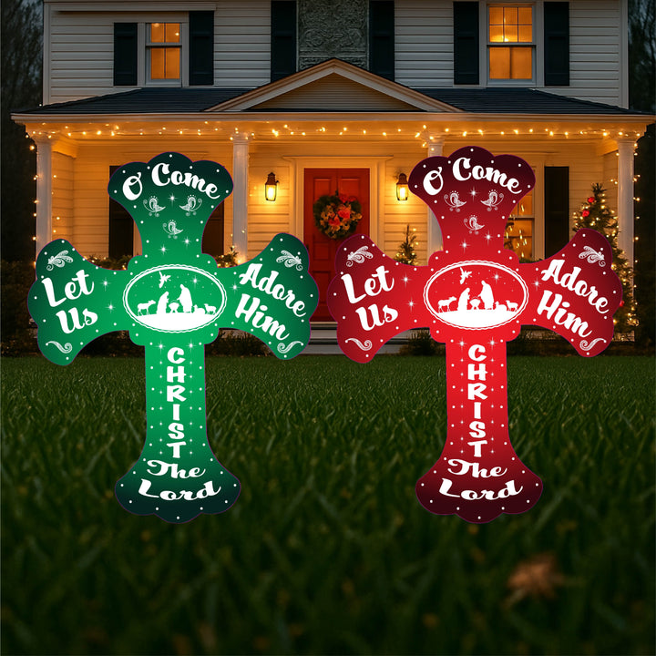 Christmas Yard Art Cross with White Silhouette Glittered Nativity Graphics
