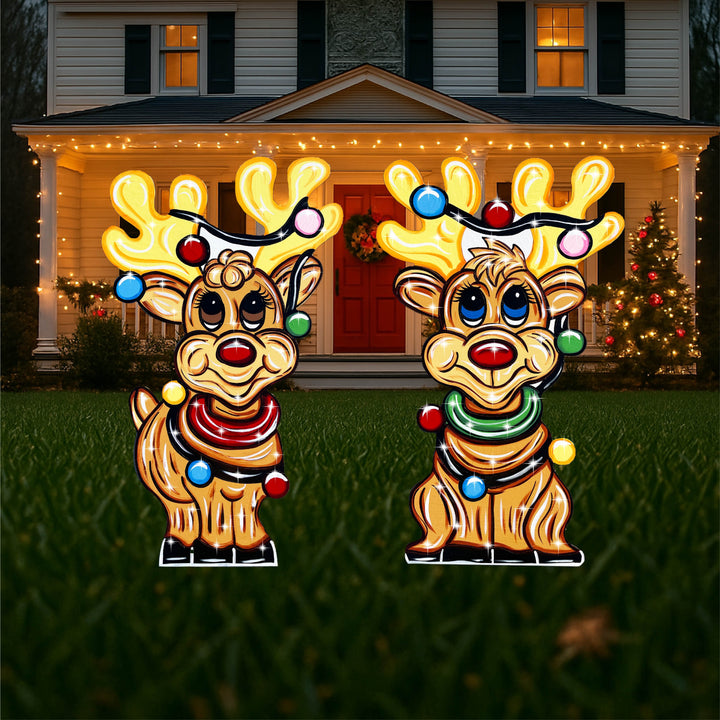 Pair of Lighted Reindeer Yard Signs – Wooden Outdoor Christmas Lawn Décor | Whimsical Holiday Garden Silhouettes