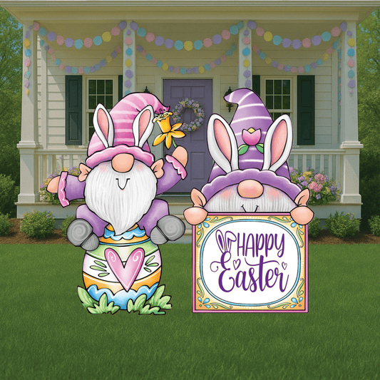 Easter Gnome  peeks over Happy Easter Sign Outdoor Decoration