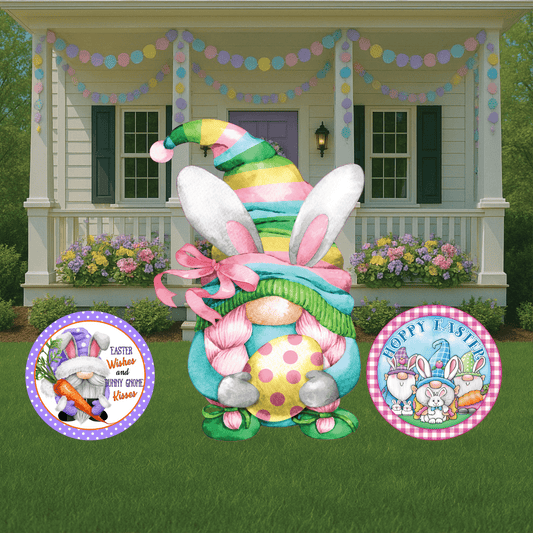 Easter Gnome holds Yellow Egg with Bunny Ears Outdoor Decoration