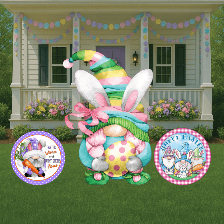 Easter Gnome holds Yellow Egg with Bunny Ears Outdoor Decoration