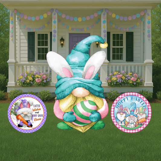 Easter Gnome holds striped Egg with Bunny Ears Outdoor Decoration