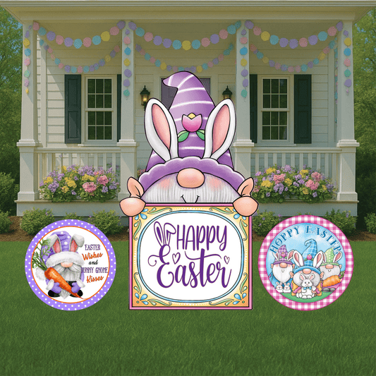 Easter Gnome  peeks over Happy Easter Sign Outdoor Decoration