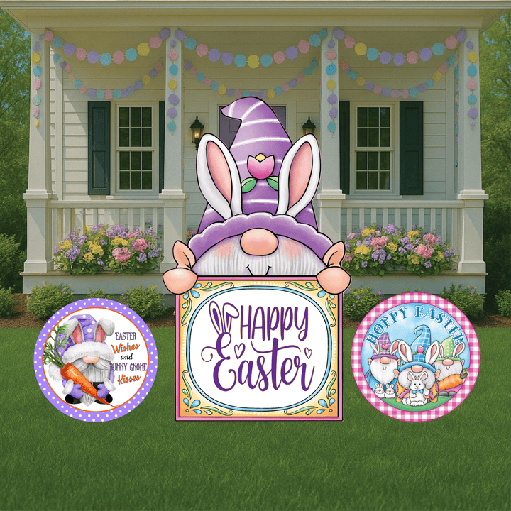 Easter Gnome  peeks over Happy Easter Sign Outdoor Decoration
