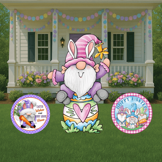 Easter Gnome sits on an Easter Egg Sign Outdoor Decoration