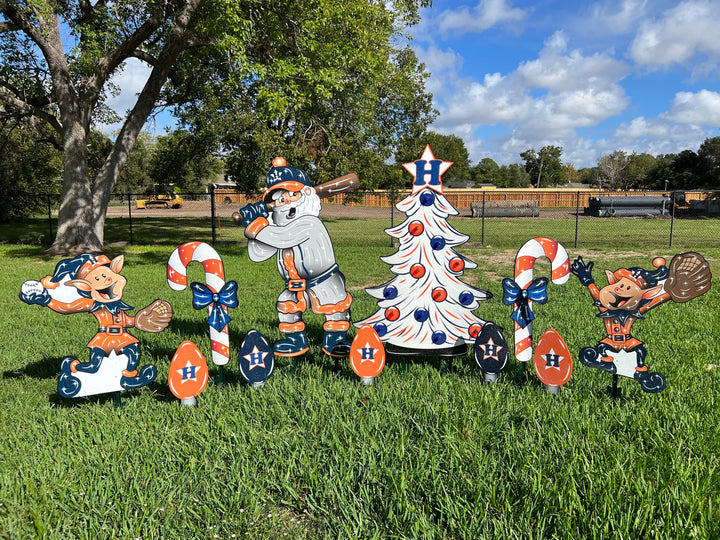 Houston Baseball Santa Yard Art with candy canes and bulbs