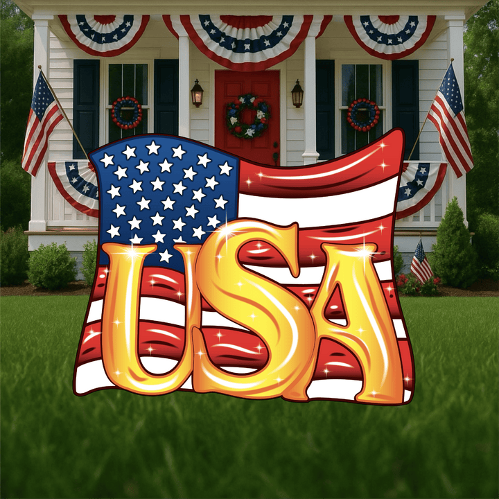 Patriotic USA Flag Yard Sign Decoration with Stakes. Yard Art for summer, fourth of July, Memorial Day, Labor Day and more. Decorate your yard, garden or porch with festive red, white and blue flag signs.  Made in the USA.  Shipped from the USA. Free Shipping included. 