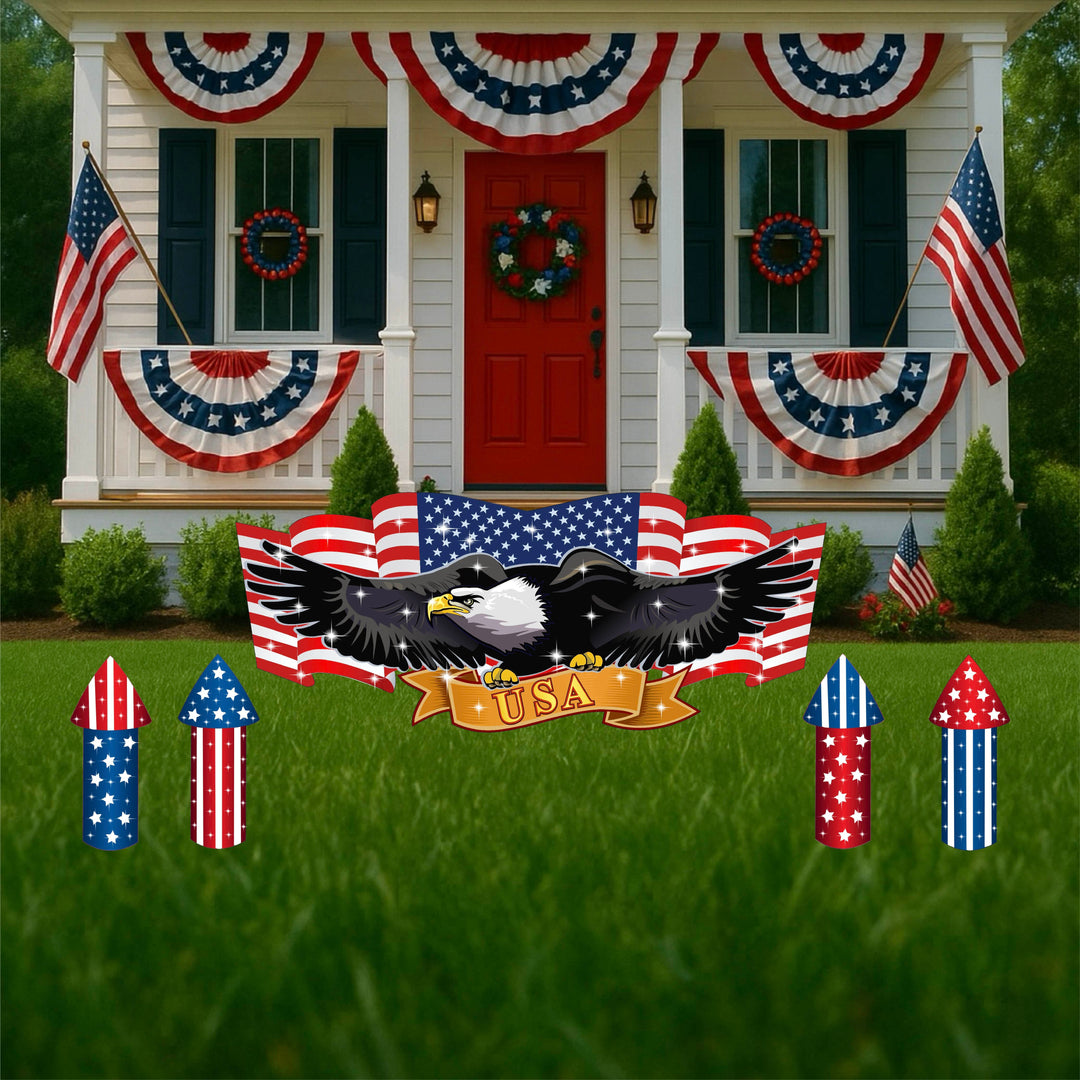 Eagle with American Flag Banner Yard Signs with firecracker and star signs