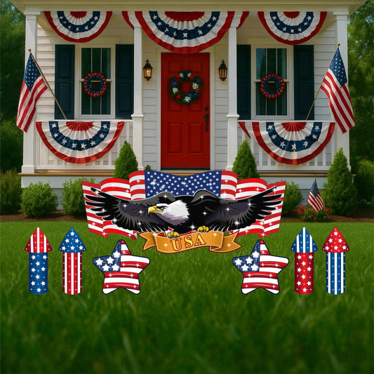 Eagle with American Flag Banner Yard Signs with firecracker and star signs