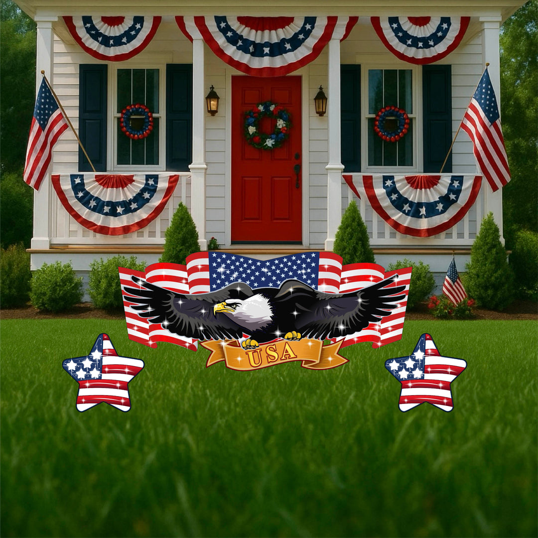 Eagle with American Flag Banner Yard Signs with firecracker and star signs